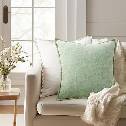 decorUhome Spring Chenille Soft Throw Pillow Covers 20x20 Set of 2, Farmhouse Velvet Neutral Decorative Pillow Covers with Stitched Edge for Couch Sofa Bed Home Decor, Sage Green