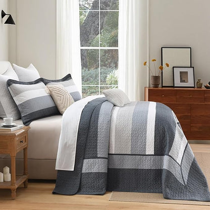 SahSahCasa 120"x102" 100% Cotton Oversized Queen Bedspread Coverlet Striped Quilt Set, Quilted Bedspread Extra Large Quilt, XL Bed Spread Lightweight Comforter, 3pc, Dark Slate Gray/Light Gray