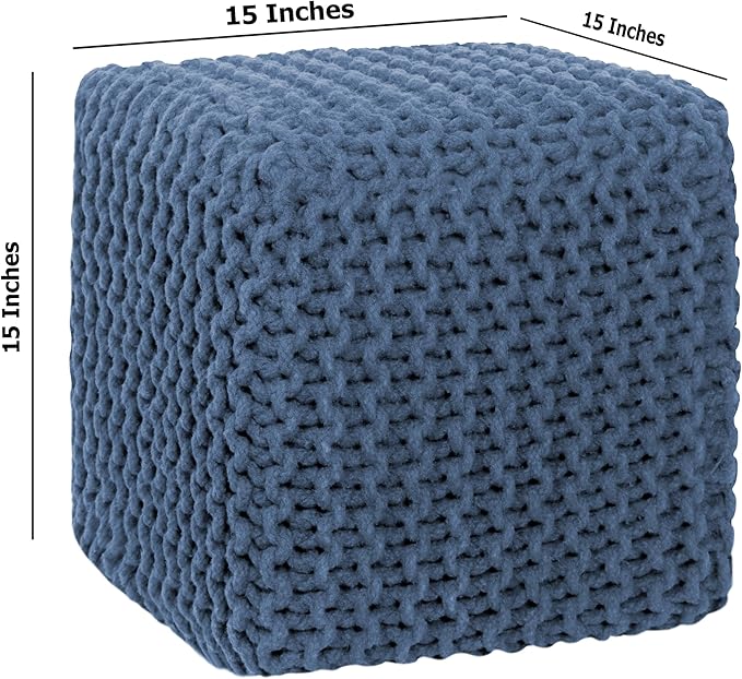 COTTON CRAFT Braided Cube Pouf - Hand Knitted Cotton Cord Cable Dori Ottoman - Foot Stool - Floor Pouf - Footrest - Portable Lightweight Accent Seat - Living Room Bedroom Dorm - 15 x 15 Square - Blue