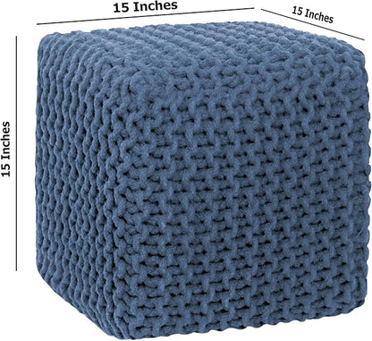 COTTON CRAFT Braided Cube Pouf - Hand Knitted Cotton Cord Cable Dori Ottoman - Foot Stool - Floor Pouf - Footrest - Portable Lightweight Accent Seat - Living Room Bedroom Dorm - 15 x 15 Square - Blue