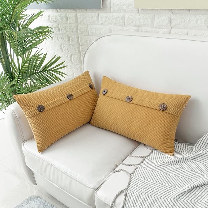HWY 50 Mustard Yellow Chenille Throw Pillow Covers 12x20 Inch with Triple Buttons, Soft Farmhouse Accent Decorative Cushion Cases for Couch Sofa Living Room Pack of 2 Rectangle