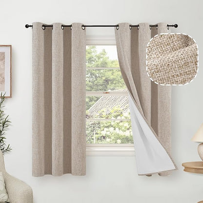 Lajode Linen Blackout Curtains for Bedroom Narrow Window, Thermal Insulated Complete Light Blocking Privacy Soundproof Small Curtains for Basement, Each 38 Inch Wide 63 Inch Length 2 Panels, Beige