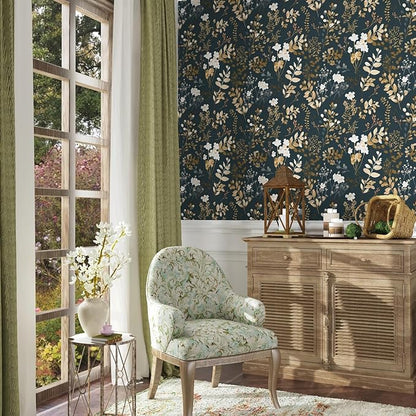 Navy Floral Wallpaper Peel and Stick Boho Wallpaper Vintage Blue/Gold Leaf Contact Paper Waterproof Self Adhesive Modern Wall Paper for Cabinet Walls Kitchen 17.5in x118in