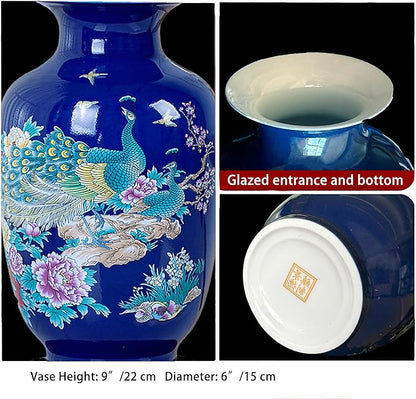 MTME Porcelain Figurines, Jingdezhen Peacock Decorative Flower vase, Home Decor, Wedding Gifts, Aesthetic Sculpture Home décor (Blue)