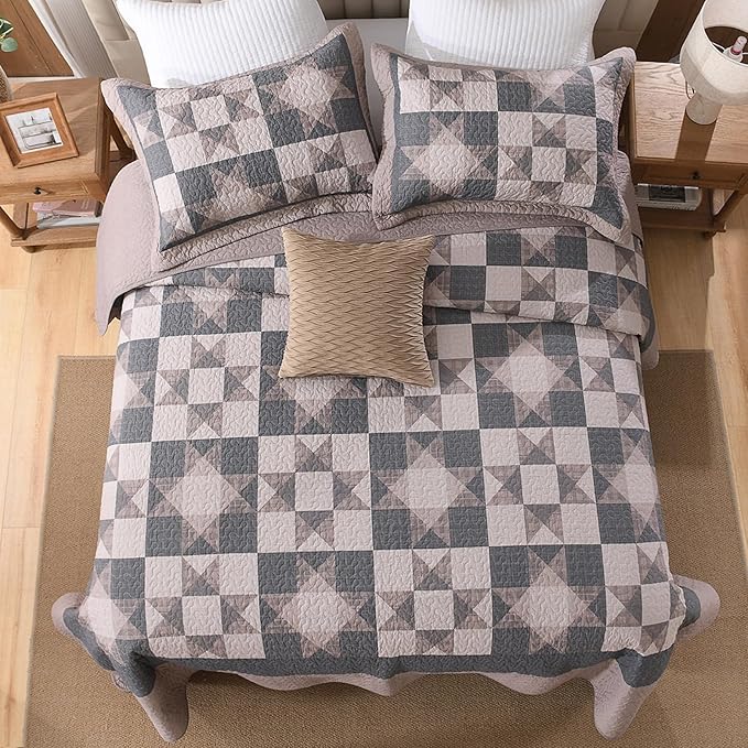 SahSahCasa 100% Cotton 120"x120" Oversized California King Bedspread Coverlet Quilt Set, Cal King Quilted Bedspread Extra Large Reversible XL Bed Spread Lightweight Comforter, Brown/Black/Taupe