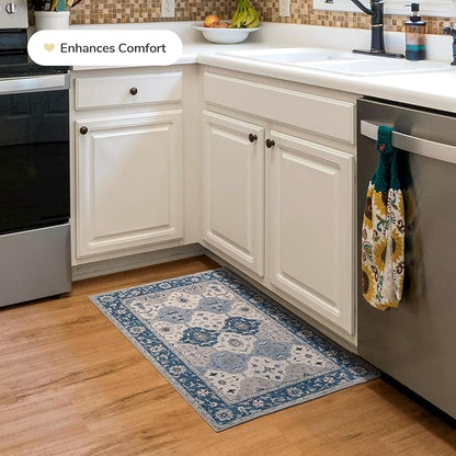 Lessymo Moroccan Washable Rugs for Entryway, Faux Wool 2x3 Small Area Rug for Kitchen Bathroom Corridor - Non-Slip Indoor Door Mat Low Plie Stain Resistant Boho Runner Rug, Muted Blue and Gray
