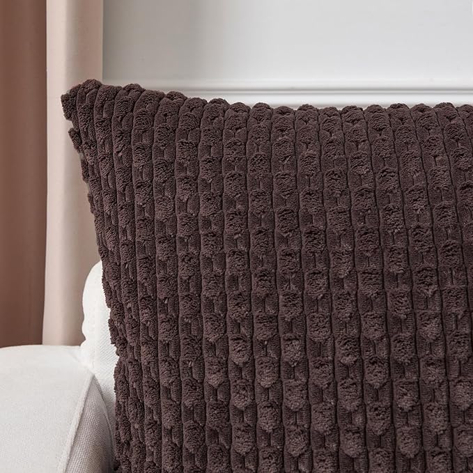 Kevin Textile Decorative Pillow Covers Set of 2 Striped Plush Corduroy Pillows Pillowcases Boho Home Decor Cushion Covers for Couch Sofa Bed Living Room 16x16 Inch, Coffee