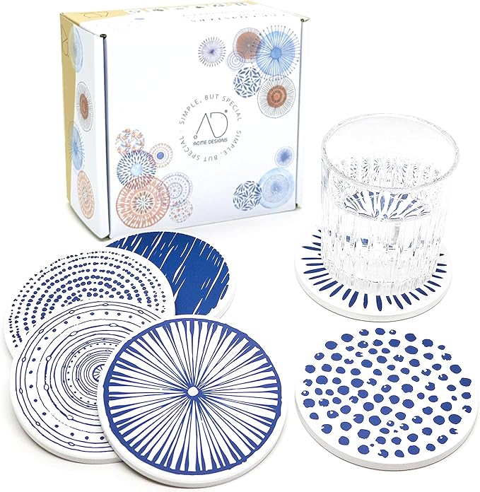 AD Set of 6 Coasters for Drinks Absorbing Round Ceramic Stone Coaster with Cork Base,Tabletop Protection Mat for Mugs and Cups,Office,Kitchen (Doris 2)