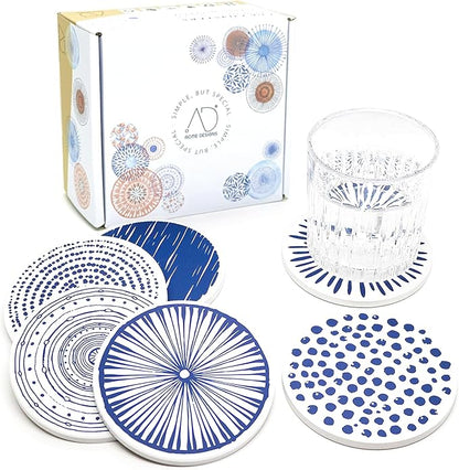 AD Set of 6 Coasters for Drinks Absorbing Round Ceramic Stone Coaster with Cork Base,Tabletop Protection Mat for Mugs and Cups,Office,Kitchen (Doris 2)
