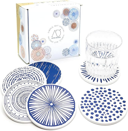 AD Set of 6 Coasters for Drinks Absorbing Round Ceramic Stone Coaster with Cork Base,Tabletop Protection Mat for Mugs and Cups,Office,Kitchen (Doris 2)