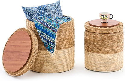 Wimarsbon Round Pouf Ottomans, Handwoven Natural Water Hyacinth Seagrass Pouffe,Outdoor Rattan Stool Accent Seat, Bohemian Coastal Home Decor (Cattail Nested Set-White)