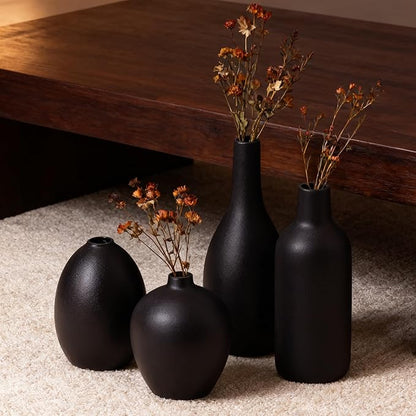 Black Ceramic Flower Vase Set of 4, Modern Farmhouse Decorative Vases for Bookshelf, Dining Room Coffee Console Table Centerpieces