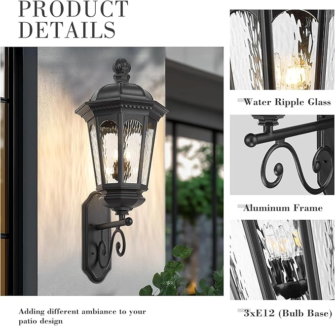 Emliviar Farmhouse 39 Inch Exterior Wall Light Fixture, 3-Light Outdoor Porch Light Wall Mount in Black Finish, Water Ripple Glass, E12, XE304B BK-SW