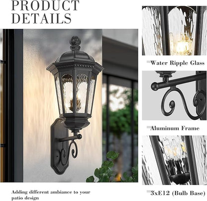 Emliviar Farmhouse 39 Inch Exterior Wall Light Fixture, 3-Light Outdoor Porch Light Wall Mount in Black Finish, Water Ripple Glass, E12, XE304B BK-SW
