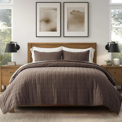 EVERGRACEHOME 100% Cotton Box Stitch Quilt Bedding Set Queen Size 3 Pieces, Garment-Washed Lightweight Soft Cozy Coverlet, Quilted Bedspread Sets with 2 Shams for All Season, Cocoa Brown