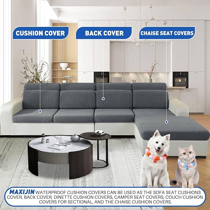 MAXIJIN Waterproof Couch Cushion Covers Stretch Sofa Seat Slipcovers Washable，Sectional Outdoor Cushion Covers with Elastic Bottom for Dogs Pets Kids (3 Pc Cushion Cover, Light Gray New)