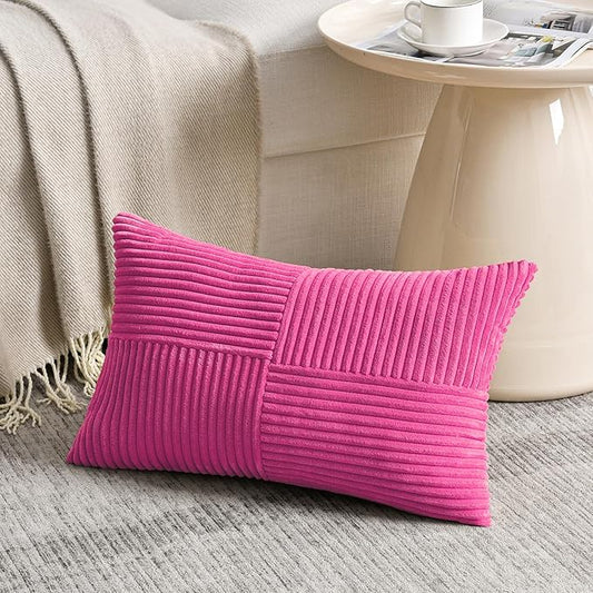 Fancy Homi 2 Packs Hot Pink Long Lumbar Decorative Throw Pillow Covers 12x24 Inch for Couch Bed Sofa, Rustic Farmhouse Boho Home Decor, Soft Striped Corduroy Rectangle Accent Cushion Case 30x60 cm