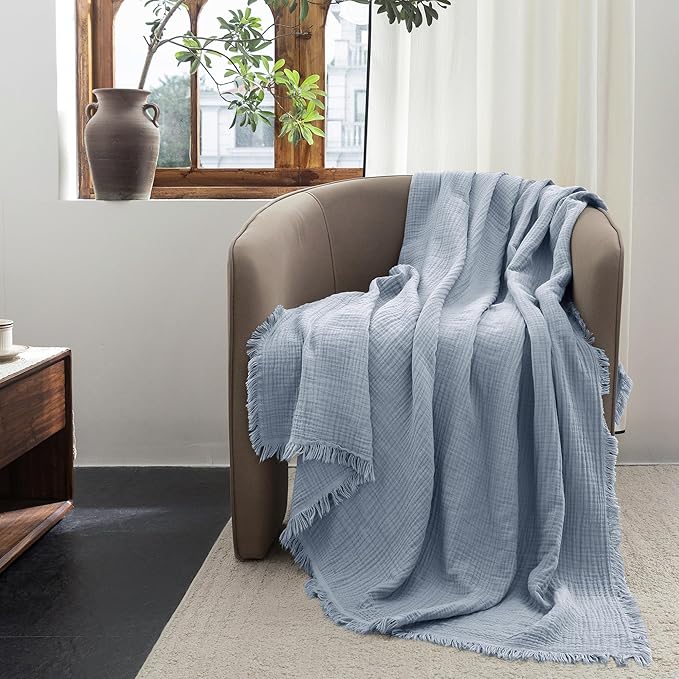 FOSSA Muslin Blanket with Fringe - 4-Layer 100% Cotton Gauze Super Soft & Breathable Throw -Lightweight Decorative Cooling Blanket for Bed, Sofa, Office (Cornflower Blue, Twin XL (66" × 90"))