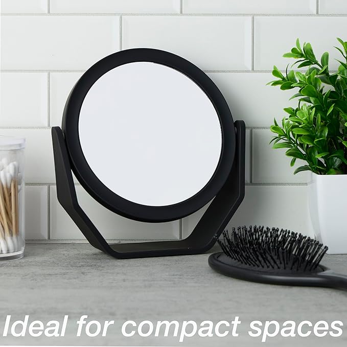 EXPRESSIONS Premium Soft Touch Rotating Mirror - Round Black Vanity Mirror, Handheld or Tabletop, 1x/2x Magnification Makeup Mirror, Small Desk or Travel Mirror