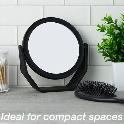 EXPRESSIONS Premium Soft Touch Rotating Mirror - Round Black Vanity Mirror, Handheld or Tabletop, 1x/2x Magnification Makeup Mirror, Small Desk or Travel Mirror