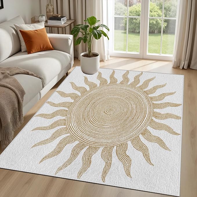 Boho Washable Rugs for Bedroom 3x4, Modern Sun Print Soft Minimalism Area Rug, Non Slip Low Pile Abstract Carpet for Classroom Living Room Decor Dining Room Sofa Kids Nursery Room, Beige Yellow