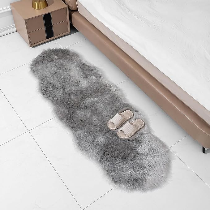 Faux Fur Rug Sheepskin Shag Fluffy Fuzzy Grey 2x6 ft Runner Rugs for Bedroom Bedside Bed Floor Living Room Plush High-Density Cushion Carpet Super Sofa Cover