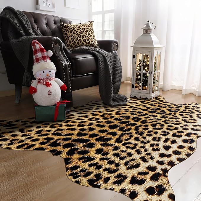 AROGAN Premium Leopard Print Rug 5.2x6.2 Feet, Faux Fur Cheetah Rug, Non-Slip Animal Print Hide Leopard Skin Area Rug for Bedroom Living Room Home Decor