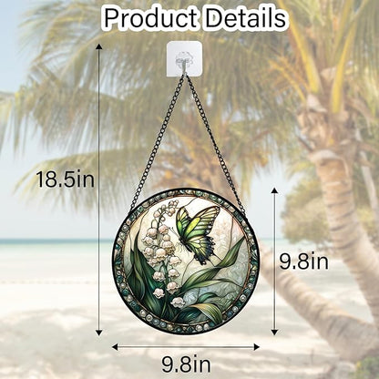 Stained Glass Window Hanging, Lily of The Valley Flower Butterfly Suncatcher for Doors Home Sun Catchers Decoration and Christmas, Mother's Day Birthday Gifts for Women, Men, Mom 9.8 in