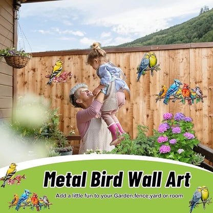 Metal Wall Art Decor Birds on Branch, 3D Colorful Bird Outdoor Hanging Wall Art Patio Fence Decorations, Hummingbird Wall Sculptures for Indoor Outdoor Garden (Birds C)