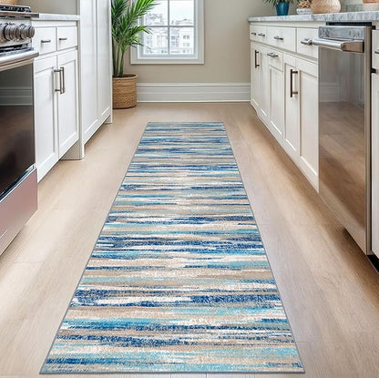 Modern Abstract Runner Rug 2.6x8, Blue Washable Kitchen Runner Non-Slip Soft Hallway Rug Runner Thin Print Faux Wool Carpet for Entryway Bedroom Laundry Room Indoor Home Decor
