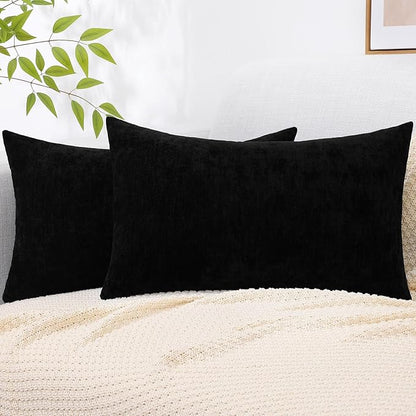 decorUhome Chenille Black Spring Throw Pillow Covers 12x20 Inch Set of 2, Decorative Soft Couch Pillow Covers Solid Dyed Accent Farmhouse Neutral Rectangle Pillow Cases for Sofa