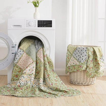 VIVILINEN Full Queen Size Green Patchwork Quilt Set Reversible Quilted Bedspread Coverlet Set 3-Piece Floral Lightweight Comforter Stitched Bedding Set Bed Sheet Set Cover Blanket with 2 Pillow Shams