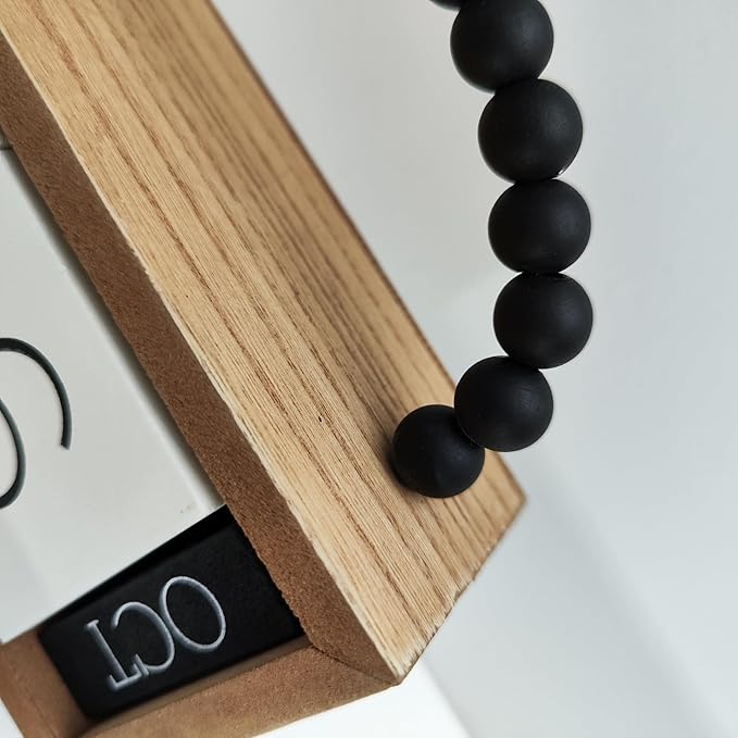 Wooden Perpetual Calendar for Desk, Metal Wood Month Date Display for Teachers, Students, Classroom, Rustic Farmhouse Office Decor, Desk Accessories (Black wood beads)