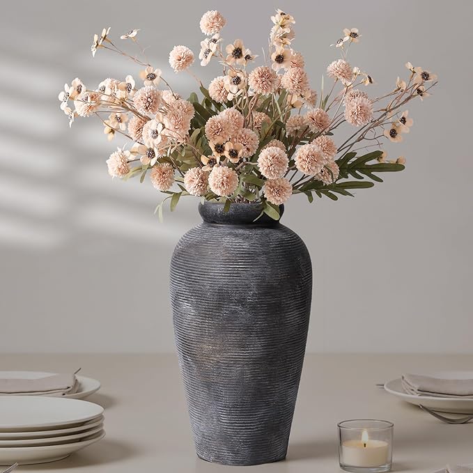 Large Ceramic Rustic Vase, 11 inch Farmhouse Flowers Tall Vase Vintage Texture Pottery Floor for Indoor Table, Centerpieces, Living Room Home Decor, Bronze