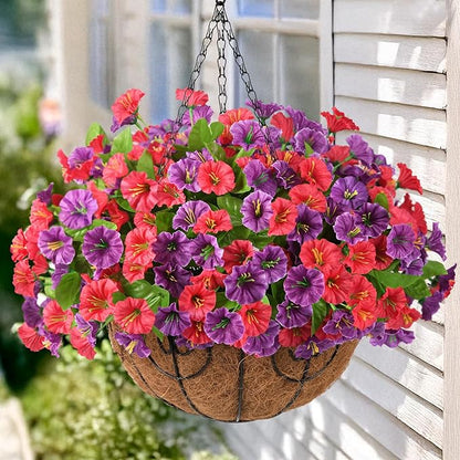 Artificial Fake Hanging Flowers with Basket for Outdoors, Faux Silk Petunias Flower Spring Summer Decor UV Resistant Look Real for Home Outside Patio Front Porch Decorations