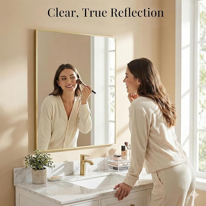30"x36" Gold Bathroom Mirror for Wall, Metal Framed Vanity Mirror, Large Rectangular Mirror Over Sink, Mid-Century Modern Decor, Flush Mount