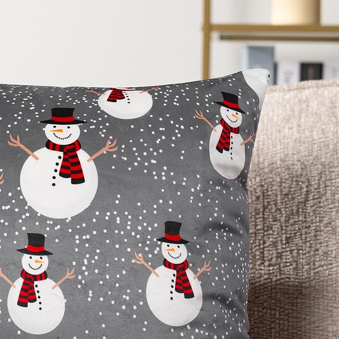 PAVILIA Holiday Throw Pillow Covers 18x18 Set of 2, Decorative Pillow Cases Bed Sofa Couch, Christmas Winter Accent Decor Cushion Bedroom Living Room, Velvet Square Euro Sham Covers, Snowman Gray