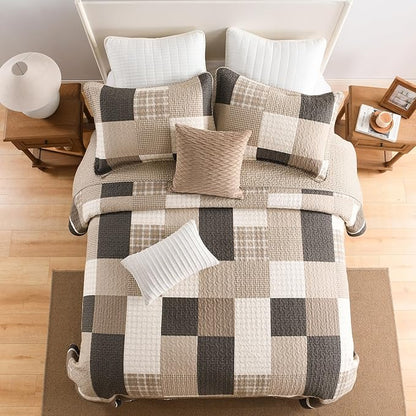 EWlinens 100% Cotton 120"x120" Oversized California King Bedspread - Reversible Patchwork Plaid Extra Large Quilt Bedding Set, King Bedspreads Coverlet Set, Lightweight Cozy Quilts, 3pcs, Brown/Beige