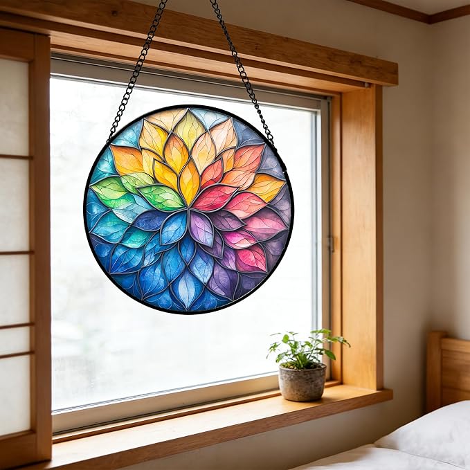 DASTOLL Stained Glass Window Hanging, Colorful Flower Petals Sun Catchers Diamond Glass Panel Hangings Suncatcher Decor for Birthday for Women, Men, Wife, Aunt, and Mom 11.8x11.8 in