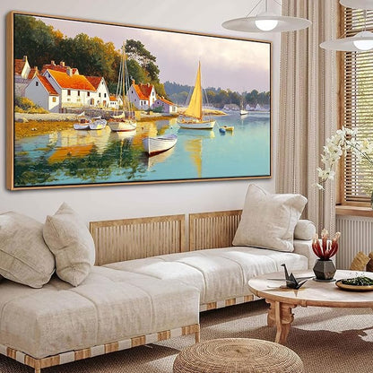 AJAZIKO Coastal Wall Art - Rustic Ocean & boat Canvas Art for Living Room & Bedroom Decor - Framed Landscape Artwork for Walls - Italian Farmhouse & Country Wall Decor Print Pictures29x58IN