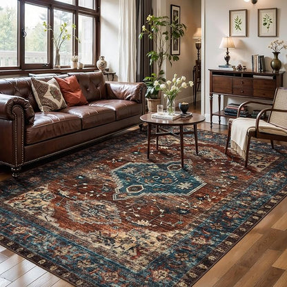 Tangsoo 6x9 Area Rug Washable Rugs for Living Room, Oriental Indoor Non Slip Large Area Rugs, Vintage Print Carpet, Soft Low Pile Foldable Floor Rug for Bedroom Dining Room Dorm