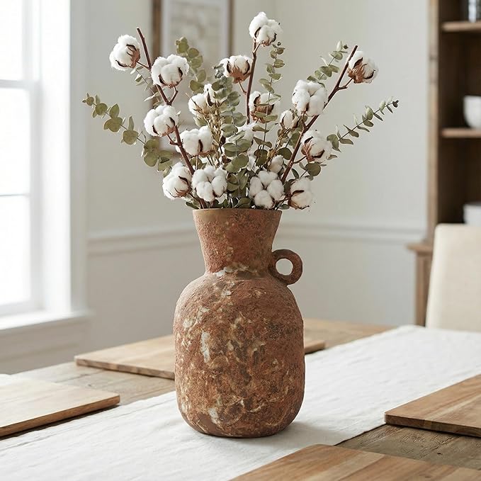 7IN Rustic Farmhouse Ceramic Vase Home Decor,Handmade Vintage Stoneware Clay Pottery Terracotta Textured for Modern Farmhouse, Living Room, Office Desk Table Shelf (Brown1)