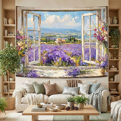 Lifeel Lavender Field Tapestry, Flower Aesthetics Landscape Window Tapestries, Romantic Home Decor for Living Room Bedroom, 36x48 inches