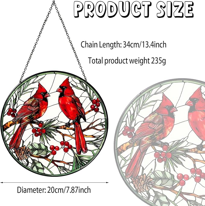 Cardinal Sun Catcher Stained Glass Window Hanging Cardinal Decor Lovers Gifts for Women Handmade Sun Catcher Decoration for Garden Home Housewarming Gifts