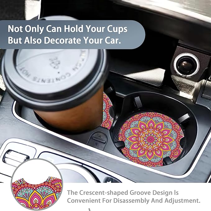 Boho Mandala Car Coasters for Women 2 Pack,Vintage Flower Ottoman Absorbent Car Coasters for Cup Holders Insert Ceramic Anti Slip with Finger Notch & Cork Base Auto Accessories Gifts