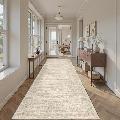 Runner Rug 2'6" x 12' Washable Non-Slip Runner Rugs for Kitchen Bathroom Laundry Room Vintage Ultra Thin Runners for Hallway Entryway Beige