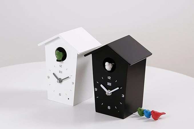 KOOKOO Birdhouse Mini White, Tiny Modern Cuckoo Clock with 12 Natural Bird Songs or Cuckoo Call