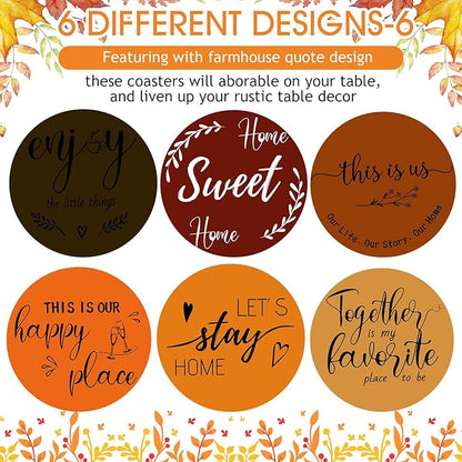 Queekay Coasters Set of 6 House Warming Gifts New Home Wooden Farmhouse Drink Coasters with Holder 4'' Funny Decoration for Kitchen Family Coffee Bar Tabletop Protection(Fall Color)