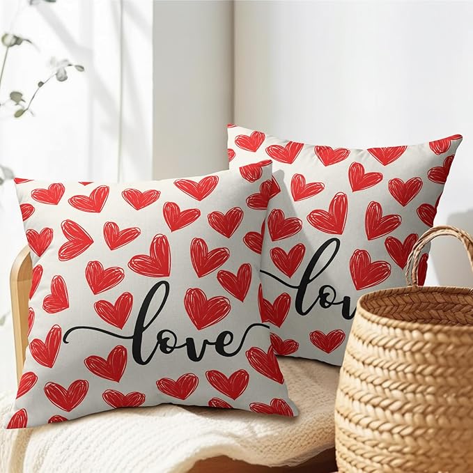 Valentines Day Pillow Covers 18x18 Set of 2 Red Heart Throw Pillow Covers Love Pillowcase Linen Decoration Farmhouse Holiday Cozy Soft Cushion Case Couch for Indoor Outdoor Home Decor