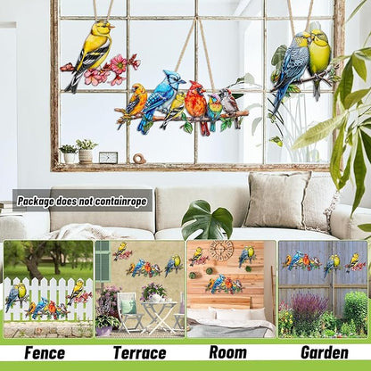 Metal Wall Art Decor Birds on Branch, 3D Colorful Bird Outdoor Hanging Wall Art Patio Fence Decorations, Hummingbird Wall Sculptures for Indoor Outdoor Garden (Birds C)